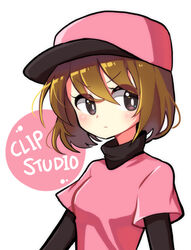  bad_id bad_pixiv_id baseball_cap blush brown_eyes brown_hair closed_mouth commentary expressionless female hat korean_commentary long_sleeves looking_at_viewer offbeat pink_hat pitcher_(rhythm_tengoku) rhythm_tengoku short_hair solo upper_body 