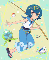  blue_eyes blue_hair blue_pants blue_sailor_collar bright_pupils capri_pants commentary_request dewpider female fishing_rod flip-flops full_body hairband holding holding_fishing_rod kurochiroko lana_(pokemon) looking_at_viewer no_sclera one-piece_swimsuit pants poke_ball poke_ball_(basic) pokemon pokemon_(creature) pokemon_sm sailor_collar sandals shirt short_hair sleeveless sleeveless_shirt swimsuit swimsuit_under_clothes wave_print white_pupils white_shirt wishiwashi wishiwashi_(solo) yellow_hairband 