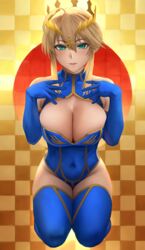  ahoge aqua_eyes artoria_pendragon_(fate) artoria_pendragon_(lancer)_(fate) bare_shoulders blonde_hair blue_gloves blue_leotard blue_thighhighs breasts checkered_background cleavage cleavage_cutout clothing_cutout commentary_request covered_navel cross crown elbow_gloves fate/grand_order fate_(series) female full_body gloves gradient_background groin hair_between_eyes hands_on_own_chest highres large_breasts leotard looking_at_viewer parted_lips pink_lips rising_sun_flag seiza sidelocks sitting smile solo sunburst thighhighs yamaneko_(tkdrumsco) 