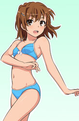  bikini blue_bikini breasts cowboy_shot female green_background looking_at_viewer misaka_mikoto monousa navel open_mouth round_teeth simple_background small_breasts smile solo swimsuit teeth toaru_kagaku_no_railgun toaru_majutsu_no_index upper_teeth_only 