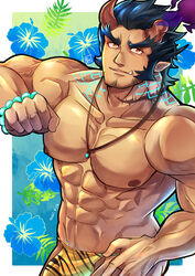  1boy abs absurdres animal_print bara beard blue_hair broken_horn bulge cowboy_shot dark_blue_hair demon_boy demon_horns facial_hair fiery_horns highres horns jewelry kageru_(mofnyan) large_pectorals loincloth long_sideburns looking_at_viewer male_focus mature_male muscular muscular_male navel necklace nipples oerba_yun_fang pectorals pelvic_curtain scar scar_on_neck short_hair sideburns smile solo stomach stubble takemaru_(housamo) thick_eyebrows tiger_print tokyo_afterschool_summoners topless_male underwear underwear_only 