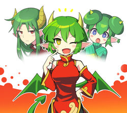  1boy 2girls absurdres blue_eyes blush breasts china_dress chinese_clothes commentary detached_sleeves draco_centauros dragon_girl dragon_horns dragon_tail dragon_wings dress green_hair green_tail highres horns korean_commentary large_breasts lidelle_(puyopuyo) long_hair looking_at_viewer multiple_girls oerba_yun_fang offbeat one_eye_closed open_mouth pointy_ears puyopuyo puyopuyo_fever red_dress red_eyes satan_(puyopuyo) short_hair smile tail wings yellow_eyes 