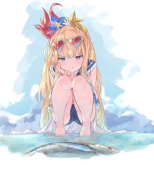  absurdres animal bare_legs barefoot betabeet blonde_hair blue_eyes bonito bonito_(granblue_fantasy) cagliostro_(granblue_fantasy) cagliostro_(summer)_(granblue_fantasy) cameltoe eyewear_on_head female fish granblue_fantasy hand_on_own_cheek hand_on_own_face heart heart-shaped_eyewear highres lips long_hair official_alternate_costume sailor_collar school_swimsuit shallow_water solo squatting swimsuit toes v-shaped_eyebrows very_long_hair wading water 