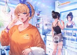  2girls apex_legends bangs bare_legs black_hair blonde_hair blue_eyes blue_headwear closed_mouth hanging_plant lichtenberg_figure long_sleeves md5_mismatch mirror mizutama_(mao11260510) multiple_girls nessie_(respawn) one_eye_closed orange_shirt plant potted_plant resolution_mismatch shirt shorts sink source_larger stuffed_toy tank_top toothbrush_in_mouth towel wattson_(apex_legends) wraith_(apex_legends) yawning 