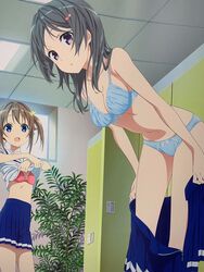  2girls black_eyes blue_bra blue_eyes blue_panties blue_skirt bow bow_panties bra breasts brown_hair china_moeka clothes_lift clothes_pull grey_hair hair_ornament hair_ribbon hairclip high_school_fleet highres indoors lace-trimmed_panties lace_trim leaning_forward lifting_own_clothes locker locker_room looking_at_viewer medium_breasts medium_hair miniskirt misaki_akeno multiple_girls navel official_art open_clothes open_mouth open_skirt panties parted_lips pink_bra plant pleated_skirt pulling_own_clothes ribbon school_uniform shirt_lift short_hair short_twintails single_horizontal_stripe skirt skirt_pull small_breasts smile standing twintails underwear undressing window yellow_ribbon yokosuka_girls_marine_high_school_uniform 