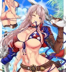  american_flag american_flag_bikini american_flag_print ammunition_belt ass bad_id bad_twitter_id belt bikini blue_sky branch breasts cloud cloudy_sky fate/grand_order fate_(series) female fingerless_gloves flag_print gloves gunblade highres large_breasts mickey_dunn miyamoto_musashi_(fate) miyamoto_musashi_(swimsuit_berserker)_(fate) miyamoto_musashi_(swimsuit_berserker)_(second_ascension)_(fate) one_eye_closed palm_tree print_bikini sky solo string_bikini swimsuit sword tree weapon wide_hips 