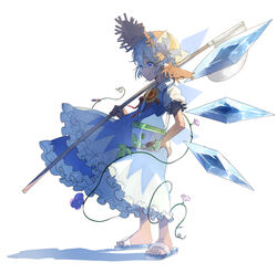  absurdres blue_dress blue_eyes blue_hair bow bud bug bug_hunting butterfly_net cirno clothes_lift collared_shirt commentary dress dress_lift dress_shirt female flower frilled_skirt frilled_sleeves frills from_side hair_between_eyes hairbow hand_net hat highres hiragi_sage holding holding_butterfly_net ice ice_wings insect_cage morning_glory neck_ribbon pinafore_dress plant puffy_short_sleeves puffy_sleeves red_ribbon ribbon shaded_face shadow shirt short_hair short_sleeves simple_background skirt sleeveless sleeveless_dress slippers smile solo straw_hat sun_hat sunflower tanned_cirno touhou vines white_background white_bow white_shirt wing_collar wings 