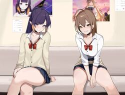  2girls ara_ara_on_a_train_(meme) arm_support bare_legs black_choker blush bow bowtie bromide brown_eyes brown_hair cardigan center-flap_bangs choker commentary crossed_legs derivative_work english_commentary feet_out_of_frame flat_chest hand_on_own_knee hololive hololive_english indoors ku_roiko legs long_hair looking_at_viewer loose_bowtie meme miniskirt mole mole_under_eye multicolored_hair multiple_girls nanashi_mumei ninomae_ina&#039;nis ninomae_ina&#039;nis_(1st_costume) open_collar pleated_skirt pointy_ears ponytail purple_hair red_bow red_bowtie school_uniform sitting skirt smile streaked_hair tentacle tentacle_hair virtual_youtuber yellow_cardigan 