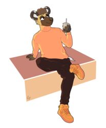  absurd_res african_wild_dog anthro beverage black_nose bottomwear brown_body brown_fur canid canine clothed clothing darius_davis digital_media_(artwork) footwear frohawk fur hair hi_res male mammal shoes simple_background sitting smile solo speechlessyeen straw_(disambiguation) topwear 