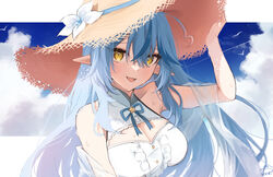  :d ahoge blue_hair blue_sky breasts cleavage cleavage_cutout clothing_cutout cloud cloudy_sky commentary_request day female flower hair_between_eyes hat hat_flower highres hololive large_breasts long_hair looking_at_viewer mashiro_io pointy_ears signature sky smile solo straw_hat sweat upper_body virtual_youtuber yellow_eyes yukihana_lamy yukihana_lamy_(1st_costume) 