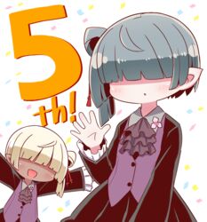  2girls 7th_dragon_(series) 7th_dragon_iii :d :o ascot black_jacket black_skirt blonde_hair blush brown_ascot chika_(7th_dragon) collared_shirt commentary_request confetti facing_viewer frilled_sleeves frills grey_hair grey_shirt hair_bun hair_over_eyes hand_up highres jacket long_sleeves multiple_girls naga_u open_mouth outstretched_arms parted_lips purple_vest rika_(7th_dragon) shirt short_hair simple_background single_hair_bun single_side_bun skirt smile vest white_background 