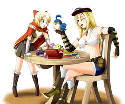  2girls :o ;d arm_warmers armlet awestruck belt belt_buckle belt_pouch bikini bikini_top_only black_dress blonde_hair blue_shorts bob_cut boots bow box bracelet bracer breasts brown_belt brown_footwear brown_gloves brown_headwear buckle cape cleavage creator_(ragnarok_online) cross-laced_footwear crossed_legs cutoffs denim denim_shorts dress fabric filir_(ragnarok_online) fingerless_gloves flat_cap fold-over_boots fur-trimmed_boots fur_trim glass_bottle gloves gold_trim green_eyes hair_between_eyes hairbow hand_up hat jewelry jewelry_box kanzuki_yuu knee_boots lace-up_boots legs_apart long_hair looking_at_another medium_breasts midriff mole mole_under_eye multiple_belts multiple_girls navel o-ring o-ring_bikini o-ring_top one_eye_closed open_box pigeon-toed pincushion pink_eyes pointy_ears pointy_footwear poporing pouch ragnarok_online red_bow red_cape scissors sewing_pin short_dress short_hair shorts simple_background single_horizontal_stripe small_breasts smile sparkle spool spore_(ragnarok_online) standing star_(symbol) straight_hair strapless strapless_dress stuffed_animal stuffed_bird stuffed_toy swimsuit table teeth tiptoes underboob upper_teeth_only white_background white_bikini white_gloves whitesmith_(ragnarok_online) wooden_chair wooden_table 