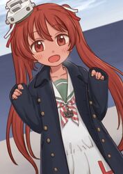  black_coat blue_sky brown_eyes brown_hair clothes_writing cloud coat commentary_request dark-skinned_female dark_skin dress dutch_angle female hat horizon kantai_collection libeccio_(kancolle) long_hair looking_at_viewer mini_hat ocean omodaka_(nitera1041) sailor_dress sky smile solo twintails white_dress 