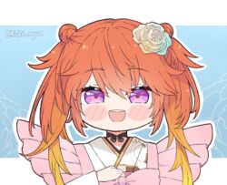  blonde_hair blush chibi female flower gradient_hair hair_flower hair_ornament hololive hololive_english japanese_clothes jewelry kimono kukie-nyan long_hair multicolored_hair open_mouth orange_hair purple_eyes smile takanashi_kiara takanashi_kiara_(new_year) virtual_youtuber 