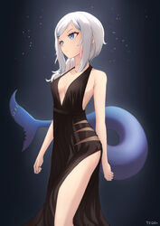  absurdres alternate_costume alternate_hairstyle artist_name bangs black_dress blue_eyes blue_hair blue_nails breasts cleavage collarbone dress evening_gown female fingernails fish_tail gawr_gura hair_ornament halterneck highres hololive hololive_english lips long_hair medium_hair multicolored_hair shark_girl shark_tail side_slit solo streaked_hair swept_bangs tail tfqr upper_body virtual_youtuber white_hair 