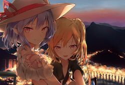  2girls :d alternate_costume black_shirt blonde_hair blue_hair blush brazil casual commentary_request contemporary crystal dusk flandre_scarlet hat hat_ribbon highres lens_flare looking_at_viewer mountain mountainous_horizon multiple_girls no_headwear one_side_up open_mouth outdoors pink_eyes pink_ribbon pointy_ears remilia_scarlet ribbon rio_de_janeiro sakusyo shirt short_hair siblings sisters smile touhou upper_body wings 