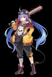  ahoge alternate_costume bad_id bad_pixiv_id bandages baseball_bat belt black_background black_pants blowing_bubbles blue_hair chains chewing_gum commentary_request contemporary epic_seven female full_body hand_in_pocket heart heart_necklace highres jacket jewelry korean_commentary leg_wrap long_hair long_sleeves nail nail_bat necklace over_shoulder paint pants photoshop_(medium) pigat ravi_(epic_seven) red_eyes shirt simple_background solo standing t-shirt tail twintails very_long_hair yellow_jacket 