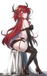  absurdres arknights ass black_bra black_footwear black_gloves black_panties black_thighhighs bra breasts commentary elbow_gloves female garter_belt gloves hair_between_eyes high_heels highres horns large_breasts lingerie long_hair looking_at_viewer moto_toshi panties purple_eyes red_hair sidelocks simple_background sitting solo surtr_(arknights) thighhighs thighs underwear underwear_only very_long_hair white_background 