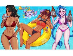  3girls :d alternate_costume animal arm_tattoo artist_name asymmetrical_bangs bad_id bad_twitter_id bandaid bandaid_on_face beer_bottle bikini black_hair blush blushyspicy braid breasts brown_hair can cloud_tattoo collarbone dark-skinned_female dark_skin drinking edward_fortyhands_(challenge) eyepatch feline highres holding innertube jinx_(league_of_legends) large_breasts league_of_legends long_hair lying medium_breasts multiple_girls navel on_back outside_border pale_skin red_bikini samira shoulder_tattoo side_braid smile stomach stomach_tattoo swim_ring swimming swimsuit taliyah tattoo teeth toned tongue tongue_out twin_braids very_long_hair water yuumi_(league_of_legends) 