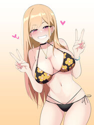  barbell_piercing bead_bracelet beads bikini black_bikini blonde_hair blush bracelet breasts choker cleavage collarbone colored_tips commentary cowboy_shot double_v ear_piercing earrings female floral_print gradient_background grin hair_over_shoulder halterneck heart highres industrial_piercing jewelry kitagawa_marin kurorettsu large_breasts leaning_to_the_side long_hair looking_at_viewer lowleg lowleg_bikini multicolored_hair navel necklace o-ring o-ring_bikini piercing pink_eyes pink_nails print_bikini ring side-tie_bikini_bottom smile solo sono_bisque_doll_wa_koi_wo_suru string_bikini swept_bangs swimsuit v 