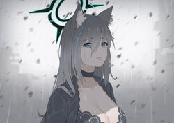  aged_up animal_ear_fluff animal_ears black_choker black_dress blue_archive blue_eyes breasts broken_halo choker cleavage clenched_teeth collarbone commentary_request cross_hair_ornament crying crying_with_eyes_open dress female gradient_background grey_background grey_hair hair_between_eyes hair_ornament halo highres large_breasts long_hair looking_at_viewer parted_lips qumai79 shiroko_(blue_archive) shiroko_terror_(blue_archive) solo tears teeth upper_body wolf_ears 