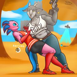  1:1 amphibian anthro axo_(fortnite) axolotl big_breasts blush bottomwear bovid breasts caprine cleavage clothed clothing coffee_stain_studios crop_top denim denim_bottomwear denim_clothing duo ear_piercing ear_tag epic_games female fin footwear fortnite fur goat goat_simulator grey_body grey_fur gun hi_res holding_gun holding_object holding_ranged_weapon holding_weapon hotpants jeans male male/female mammal marine mole_salamander muscular muscular_female oystercatcher7 pants piercing pilgor_(goat_simulator) pink_body pink_skin ranged_weapon rifle salamander shield_potion shirt shoes shorts slightly_chubby sneakers sniper_rifle strong_female tank_top topwear weapon 