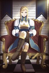  agrias_oaks armor blonde_hair boots chair checkered_floor crossed_legs female final_fantasy final_fantasy_tactics highres looking_at_viewer solo soosupaan yellow_eyes 