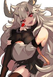  :d arknights bare_shoulders black_thighhighs breasts detached_sleeves female head_tilt highres horns knee_up large_breasts long_hair long_sleeves looking_at_viewer matoimaru_(arknights) no_shoes open_mouth red_eyes simple_background smile solo spica_(spica_1510) thick_eyebrows thighhighs very_long_hair white_background white_hair wide_sleeves 