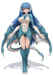  absurdres blue_hair breasts claws closed_mouth commentary_request commission dragon_girl female full_body hair_between_eyes highres hitokuirou horns large_breasts looking_at_viewer monster_girl navel original red_eyes shadow simple_background skeb_commission slit_pupils solo standing tail thick_thighs thighs translation_request tsurime white_background wings 