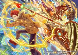  2boys akagi_toma armor cain_(fire_emblem:_shadow_dragon) chains cityscape fake_horns fire fire_emblem fire_emblem_cipher helmet holding holding_polearm holding_weapon horned_helmet horns lance motor_vehicle motorcycle multiple_boys outdoors polearm red_hair spear suzuki_rika tokyo_mirage_sessions_fe weapon yellow_eyes 