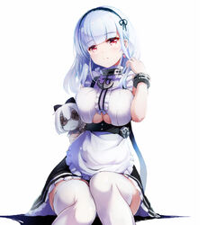  anchor apron azur_lane black_hairband black_skirt blunt_bangs blush bracelet breasts closed_mouth clothing_cutout commentary_request dido_(azur_lane) doll earrings expressionless female frilled_apron frilled_skirt frills grey_hair hairband holding jewelry large_breasts long_hair looking_at_viewer looking_back nitchi red_eyes shirt sitting skirt sleeveless sleeveless_shirt solo thighhighs underboob underboob_cutout waist_apron white_apron white_shirt white_thighhighs 