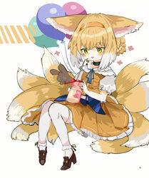  animal_ears arknights balloon black_collar blonde_hair blush bottle braid brown_footwear collar commentary_request dress drinking_straw female fox_ears fox_girl fox_tail frilled_dress frills green_eyes hairband high_heels highres holding holding_bottle infection_monitor_(arknights) kitsune kyuubi multicolored_hair multiple_tails official_alternate_costume open_mouth orange_dress orange_hairband ryu_(17569823) short_hair sitting socks solo suzuran_(arknights) suzuran_(let&#039;s_carnival!)_(arknights) tail two-tone_hair white_background white_hair white_socks 