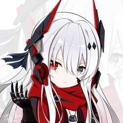  absurdres alpha_(punishing:_gray_raven) black_ribbon breasts cleavage commentary_request female grey_eyes grey_hair hair_between_eyes hair_ornament hair_ribbon headgear headphones heterochromia highres long_hair lucia:_crimson_abyss_(punishing:_gray_raven) mechanical_arms open_clothes open_shirt punishing:_gray_raven red_eyes red_scarf ribbon scarf small_breasts yeyou_(pwny8774) zoom_layer 