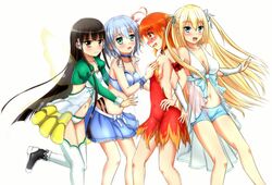  4girls :d amagi_brilliant_park antenna_hair beta_x blonde_hair blue_eyes blue_hair blush bow breasts brown_eyes brown_hair cleavage commentary_request fairy_wings grabbing grabbing_another&#039;s_breast green_eyes hair_ribbon hair_tubes hairbow hand_on_breast highres koborii_(amaburi) long_hair looking_at_viewer medium_breasts multiple_girls muse_(amaburi) navel open_mouth orange_eyes orange_hair ribbon salama_(amaburi) short_hair showgirl_skirt sideboob small_breasts smile sylphy_(amaburi) two_side_up wings 