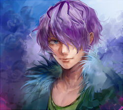  1boy bad_id bad_pixiv_id blue_eyes fur_trim garry_(ib) ib_(kouri) karimero_(calimer0) male_focus purple_hair solo 