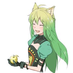  ahoge animal_ears apple archer_of_red belt blush braid cat_ears closed_eyes dress fate/apocrypha fate_(series) female gloves green_hair long_hair multicolored_hair open_mouth 