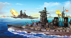  aircraft_catapult anchor anti-aircraft_gun battlecruiser battleship casemate choukai_(cruiser) commentary firing flag haruna_(battleship) historical_event imperial_japanese_navy japanese_flag kamisimo_90 kongou_(battleship) military military_vehicle muzzle_flash no_humans ocean original radar railing range_finder rising_sun_flag ship smokestack sunburst turret warship water watercraft waves yamato_(battleship) 