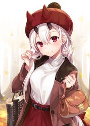  ale_nqki autumn_leaves bag belt blush breasts casual commentary_request contemporary earrings fate/grand_order fate_(series) female hair_between_eyes hair_over_shoulder handbag hat head_tilt high-waist_skirt highres horns jewelry long_hair looking_at_viewer medium_breasts outdoors red_eyes ring skirt smile solo stud_earrings tomoe_gozen_(fate) tucking_hair turtleneck very_long_hair white_hair 