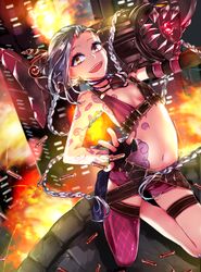  belt blue_hair braid bullet bullets city female female fire gloves jinx_(league_of_legends) league_of_legends long_hair morino_itsuki shorts single_thighhigh solo tattoo twin_braids weapon 