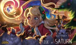  absurdres alternate_hairstyle aurelion_sol_(league_of_legends) bell blonde_hair blue_eyes blurry bow capelet character_name chinese_commentary christmas christmas_ornaments christmas_tree commentary_request depth_of_field english_text eyelashes female fireplace green_skirt hair_ornament hand_on_own_cheek hand_on_own_face heterochromia highres horns indoors jingle_bell league_of_legends lips long_hair long_sleeves lying magic on_stomach photoshop_(medium) pink_lips pleated_skirt poro_(league_of_legends) purple_eyes red_bow saturn_(satscarlet) skirt sky smile star_(sky) starry_sky swept_bangs text_focus thighhighs very_long_hair zoe_(league_of_legends) 