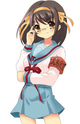  armband hairband megane safety_pin school_uniform serafuku short_hair smile solo suzumiya_haruhi suzumiya_haruhi_no_yuuutsu translation_request yellow_eyes yn 