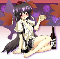  alcohol barefoot black_hair black_wings blush bottle drunk female gonzaburo hat looking_at_viewer lowres masu navel open_clothes open_mouth open_shirt red_eyes sake sake_bottle shameimaru_aya shirt short_hair sitting skirt solo tokin_hat touhou wings yokozuwari 