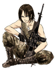  ajitsuke_nori assault_rifle boots commentary_request contemporary cross-laced_footwear female fingerless_gloves full_body gloves gun jewelry m16 m16a1 necklace pants photoshop_(medium) rifle shingeki_no_kyojin short_hair sitting solo tank_top weapon white_background ymir_(shingeki_no_kyojin) 