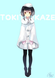  alternate_costume amahara_pekozaemon aqua_background bad_id bad_pixiv_id beret black_hair black_pantyhose brown_eyes casual character_name coat female full_body hat highres kantai_collection long_sleeves mittens pantyhose short_hair signature solo standing tokitsukaze_(kancolle) 