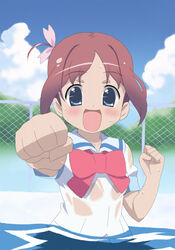  amamiya_manami blue_eyes fist foreshortening gakuen_utopia_manabi_straight open_mouth punch school_uniform serafuku solo water wet yn 