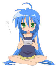  ahoge blue_hair girls_playing_games green_eyes izumi_konata long_hair lucky_star nintendo_ds open_mouth sitting solo yn 