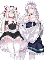  2girls :t animal_ears aoi_takeru apron azur_lane bare_shoulders belfast_(azur_lane) black_dress blue_eyes blush bow braid breasts buttons chains choker cleavage clothes_lift collar collarbone commentary_request detached_sleeves dress dress_lift french_braid frilled_skirt frills from_below gloves hair_between_eyes hair_ornament hair_ribbon hairbow hammann_(azur_lane) heart highres large_breasts lifting_own_clothes long_hair looking_at_viewer maid maid_apron maid_headdress multiple_girls pantyhose pout puffy_short_sleeves puffy_sleeves purple_bow red_ribbon retrofit_(azur_lane) ribbon short_sleeves simple_background skirt skirt_lift small_breasts smile spoken_heart spoken_squiggle squiggle strapless sweatdrop thighhighs tsurime turret two_side_up upskirt very_long_hair white_background white_gloves white_hair white_pantyhose white_thighhighs 