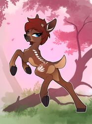  2018 antlers ass black_nose blue_eyes broken_antler brown_body brown_fur brown_tail butt_pose cloven_hooves day deer detailed_background digital_media_(artwork) eyebrows eyelashes female feral fur grass hair hasbro hooves horn jumping looking_at_viewer looking_back mammal multicolored_body multicolored_fur my_little_pony outside plant pose quadruped red_hair sam_doehart short_tail sky smile solo spots spread_legs spreading tail tree two_tone_tail underhoof unguligrade white_spots yakovlev-vad 