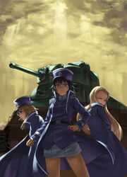  3girls adapted_uniform andou_(girls_und_panzer) bc_freedom_(emblem) bc_freedom_military_uniform belt black_belt black_hair blonde_hair blue_coat blue_eyes blue_hat blue_jacket brown_eyes closed_eyes closed_mouth coat commentary_request cowboy_shot dark-skinned_female dark_skin day dress_shirt emblem facing_back frown girls_und_panzer hat high_collar highres jacket kepi long_hair looking_at_viewer marie_(girls_und_panzer) medium_hair michitarou military military_hat military_vehicle miniskirt motor_vehicle multiple_girls oshida_(girls_und_panzer) outdoors pleated_skirt s35 shirt skirt standing sunlight tank trench_coat white_shirt white_skirt 