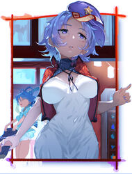  2girls absurdres arm_at_side blue_hair breasts breasts_apart chemise closed_eyes collared_vest commentary_request covered_navel cowboy_shot dezombification fingernails gorimaro hair_rings hand_up hat hat_ornament high_collar highres hip_focus holding holding_clothes impossible_clothes kaku_seiga lips looking_up medium_breasts miyako_yoshika multiple_girls nail_polish ofuda open_clothes open_vest parted_lips photoshop_(medium) purple_eyes purple_hair shawl shirt short_hair short_sleeves shorts skirt smile solo_focus standing star_(symbol) star_hat_ornament touhou underwear unworn_skirt vest 